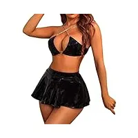 costume femme avec une ligne jupe soutien-gorge mignon chaîne sangle sous-vêtements lingerie sexy satin string (black, xl)