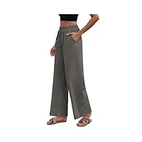 niwicee pantalon femme Été lin pantalons décontractée taille haute pantacourt avec bouton léger ample longueur fluide droit pants avec poches-gris-xl