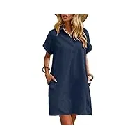 zeagoo robe d'été en lin pour femme - longueur genou - décontractée - manches courtes - avec poches, bleu, xl