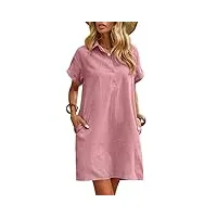 zeagoo robe d'été en lin pour femme - longueur genou - décontractée - manches courtes - avec poches, rose, xl