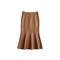 haitpant jupe élégante en forme de queue de poisson pour femme en cuir véritable marron 70 cm de long jupe plissée, marron, 36