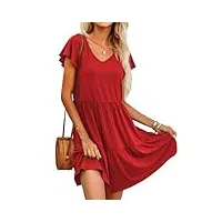 hotouch robe d'été pour femme - couleur unie - col en v - volants - longueur genou - manches courtes - coupe trapèze - avec poche - taille s à xxl, rouge, xxl