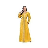 caftan marocain basique solide pour femme avec bande adhésive et col en v et manches longues, robe jaune., l
