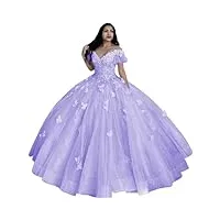 tsxuelian robe de quinceanera à épaules dénudées pour femmes, robe de bal 3d papillon, 16 robes pour adolescentes, robe de concours de beauté en tulle bouffant, lilas, 54