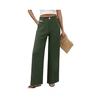 pasuda pantalon femme Été fluide pantalons taille haute elastique avec bouton pantacourt avec poches léger ample longueur droit pants chic décontractée travail (vert, l)