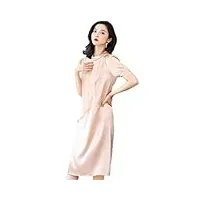 91,2 % soie de mûrier robe de navette pour femme, manches courtes, col rond, volants, robe trapèze, rose, m
