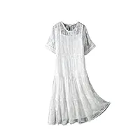 robe midi 100 % soie de mûrier brodée col rond robe trapèze à manches courtes double couche, blanc, l