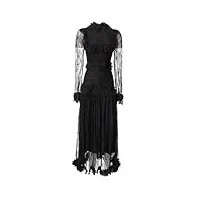 robe d'été mseh à col rond pour femme, style vintage, manches longues, appliques et volants, noir , xl