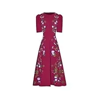 adhdyuud robe d'été vintage pour femme - col rond - manches courtes - broderie - taille haute - midi, rose rouge, s