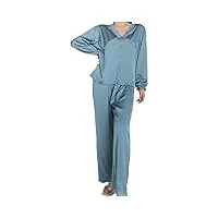 pyjama en dentelle pour femmes, cardigan en soie glacée douce, manches longues, vêtements de maison, ensemble de pyjama fin (2780 gris fumé grand)