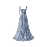 générique robe de bal en tulle brodée de fleurs pour femmes,corset longue,bretelles spaghetti,fée froncée,robe de soirée formelle b-dusty blue 12