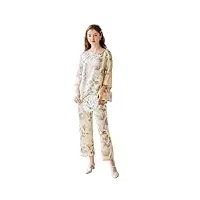 luxueux pyjama vintage en soie de style chinois pour femmes, vêtements d'intérieur en soie lourde, imprimé feuilles, multicolore., s