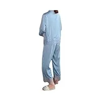 ensemble pyjama d'automne pour femmes, ensemble deux pièces en soie, manches longues, dentelle, cardigan, service À domicile, pyjama (bleu grand)