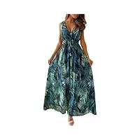 joligiao robe longue femme robes d'été sans manches fleurs décontracté robe de plage imprimé vintage Élégant boho robe d'été longue à col en v robe femme chic et elegant vert l