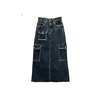 hndudnff jupe en jean taille haute pour femme, plusieurs poches, jupe patchwork fendue, jupe trapèze longue, bleu jean, 40