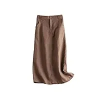 jupe longue décontractée en lin uni taille haute élastique trapèze en dentelle ample pour femme, kaki, 44