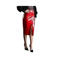 jupes midi taille haute en cuir synthétique pour femme - jupe crayon fendue sur le devant - jupe en cuir verni brillant, rouge, 44