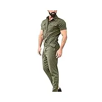 combinaison pour homme - en coton - grande taille - longue - avec revers - manches courtes - avec taille haute - combinaison à une rangée - pour le sport - pantalon de travail, vert, xxxl