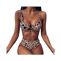 sexy léopard imprimé femmes boucle bikini ensemble de natation d'été push-up rembourré maillots de bain taille haute (couleur: marron, taille: petit code) (marron moyen code)