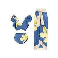 maillot de bain imprimé bleu avec col en v et ourlet plissé, fendu, taille haute, bikini, dentelle, jupe de plage, maillot de bain pour femme (couleur : d, taille : s) (d xl)