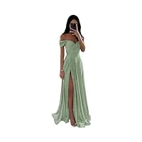 sdpanlld robe de demoiselle d'honneur à épaules dénudées - robe de soirée longue en satin pour femme - Élégante avec fente latérale, vert sauge, 34