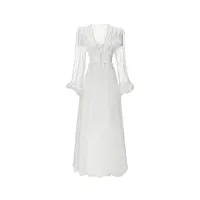bollrllr robe pull à col en v pour femme doublure porte-jarretelles + robe imprimée drapée transparente à manches longues, blanc, m