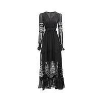 robe à col en v et taille élastique pour femme - robe plissée en dentelle - solide - longueur cheville, noir , l