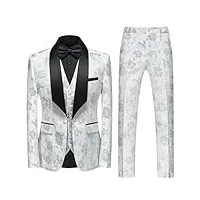 costume de smoking 3 pièces à imprimé floral pour homme avec un bouton, veste, pantalon, gilet et cravate, lot de 3 pièces blanc 1, xl