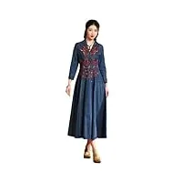 robe rétro en jean pour femme - col en v - avec boutons - broderie florale - manches longues - style décontracté, couleur photo, xxl