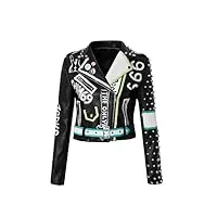 rock88 veste en cuir à fermeture Éclair pour femmes costumes de moto manteau court à rivets blousons d'extérieur de motard avec ceinture streetwear décontracté printemps automne,black,xl(bust:98cm)