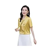 chemise élégante en soie pour femme avec col écharpe solide à manches courtes, jaune, xl