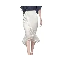 jupe d'été en mousseline de soie pour femme - taille haute - volants - jupes mi-longues - couleur unie - sirène, blanc, 44