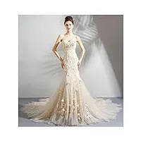 ronglong robe de mariée de mariée avec queue de la queue des femmes à l'Épaule mince longue robe de soirée applique, l, beige, beige, m