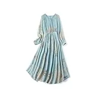 robe d'été en soie à motif floral, robe maxi à manches longues pour femme, bleu, s