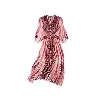 hangerfeng robe en soie classique imprimée col en v demi-manches dos élastique taille haute rose pour tous les jours jupe midi 2805, rose, xx-large