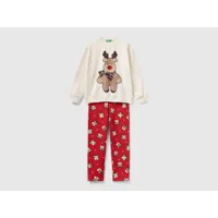 benetton, pyjama avec rennes en coton stretch, taille 3xl, crème, enfants