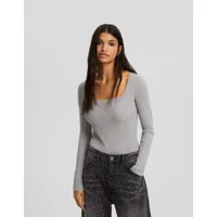 bershka body manches longues maille col carré femme xs gris