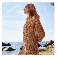 robe courte col tunisien en coton, fleurs du désert