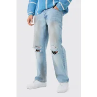 baggy rigid ripped knee dirty wash jeans in light blue homme - bleu - 28r, bleu