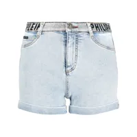 philipp plein short en jean à plaque logo - bleu