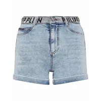 philipp plein short en jean à taille à logo - bleu