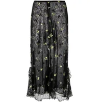 anna sui jupe mi-longue en dentelle à fleurs brodées - noir