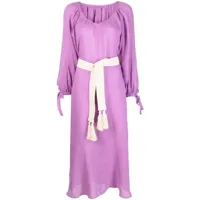 120% lino robe mi-longue à taille ceinturée - violet