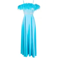 nissa robe longue bordée de plumes à design sans manches - bleu