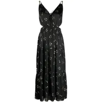 maje robe mi-longue à fleurs brodées - noir