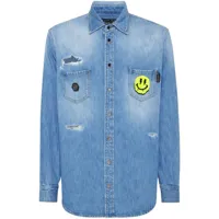 philipp plein chemise en jean à plaque logo - bleu