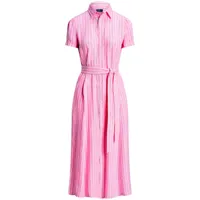 polo ralph lauren robe-chemise ceinturée en lin à rayures - rose