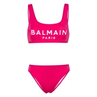 balmain bikini rayé à logo brodé - rose