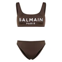 balmain bikini rayé à logo brodé - marron