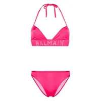 balmain bikini à logo orné de cristaux - rose